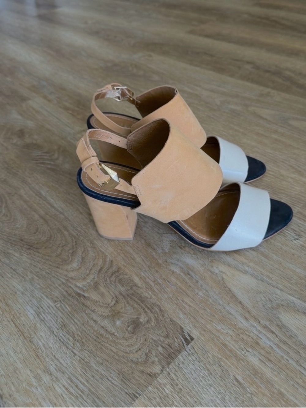 Neutral Two-Tone Block Heel Sandals - Beige and White
